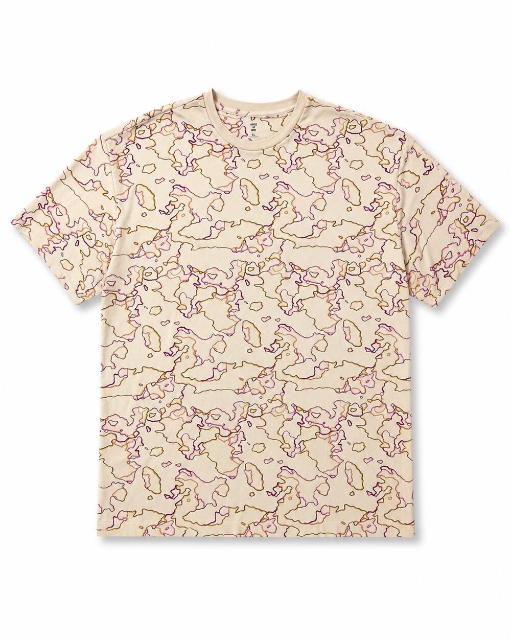 Mode of One Mens XXL Oversized Boxy Tee Tan Topographic Print Heavyweight Cotton
